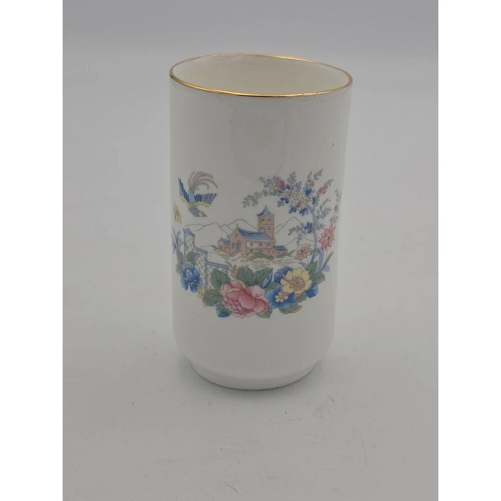 Royal Kent Fine Bone China Tumbler Vase Floral Village Gold Rim Made in England